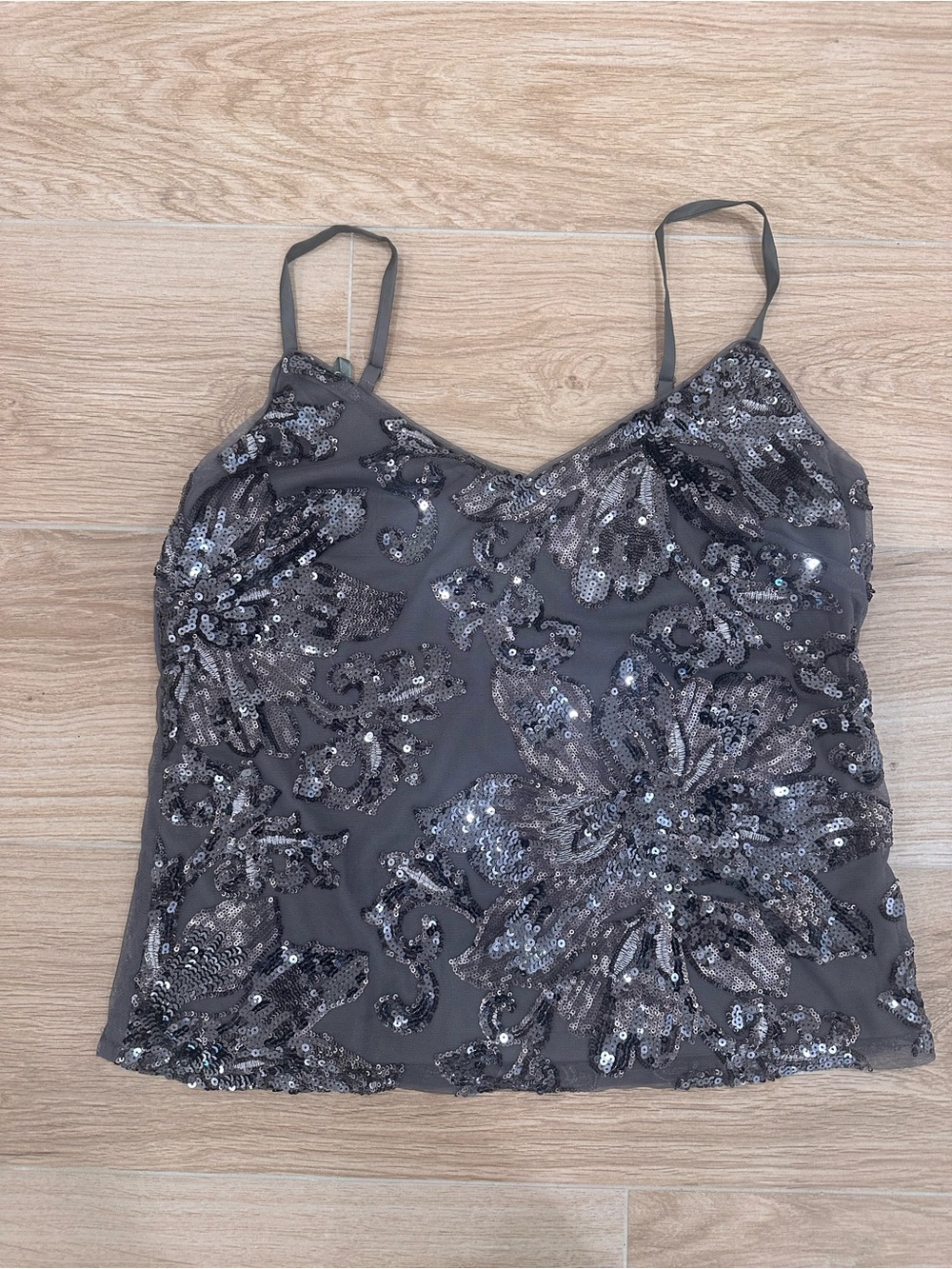 White House Black Market Gray Sequin Floral Cami